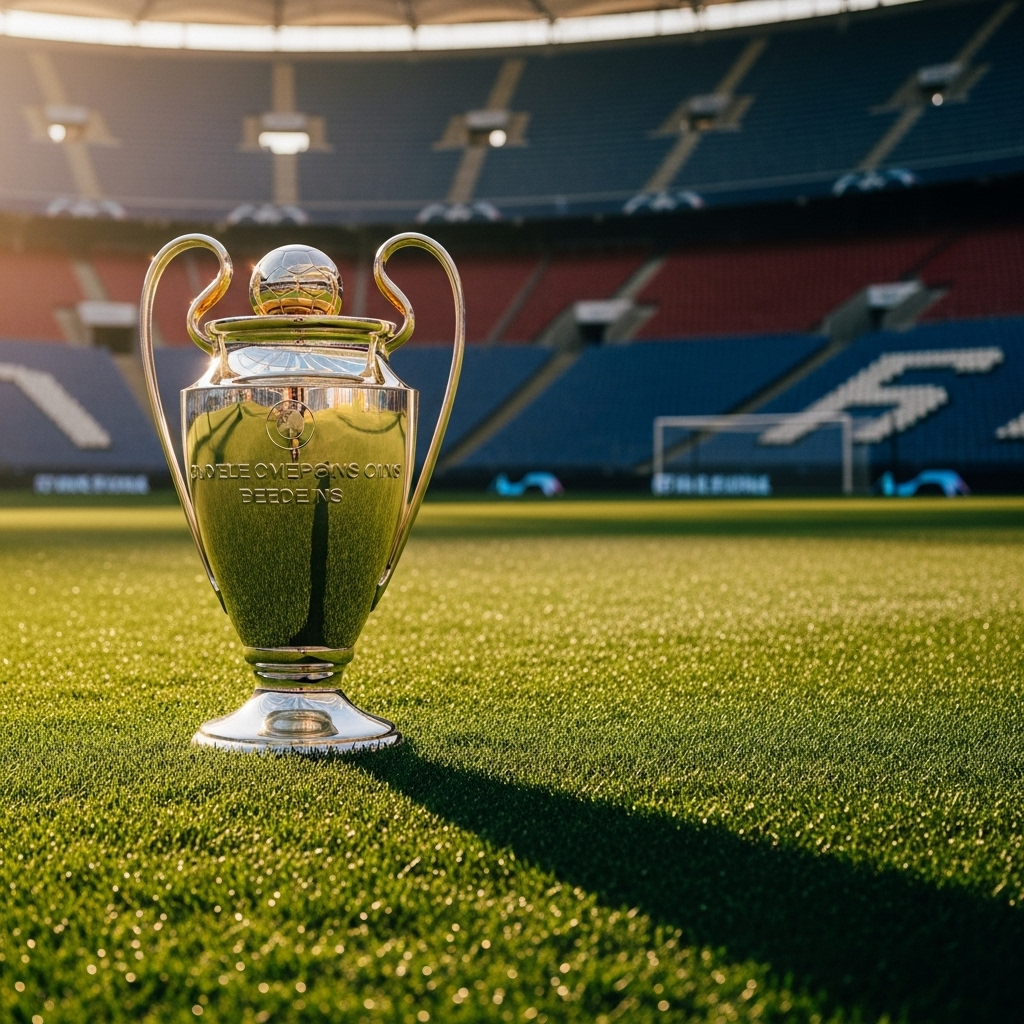 Champions League trofæet på et stadion, der symboliserer den nye åbningskamp for mestrene fra 2027-28 sæsonen.