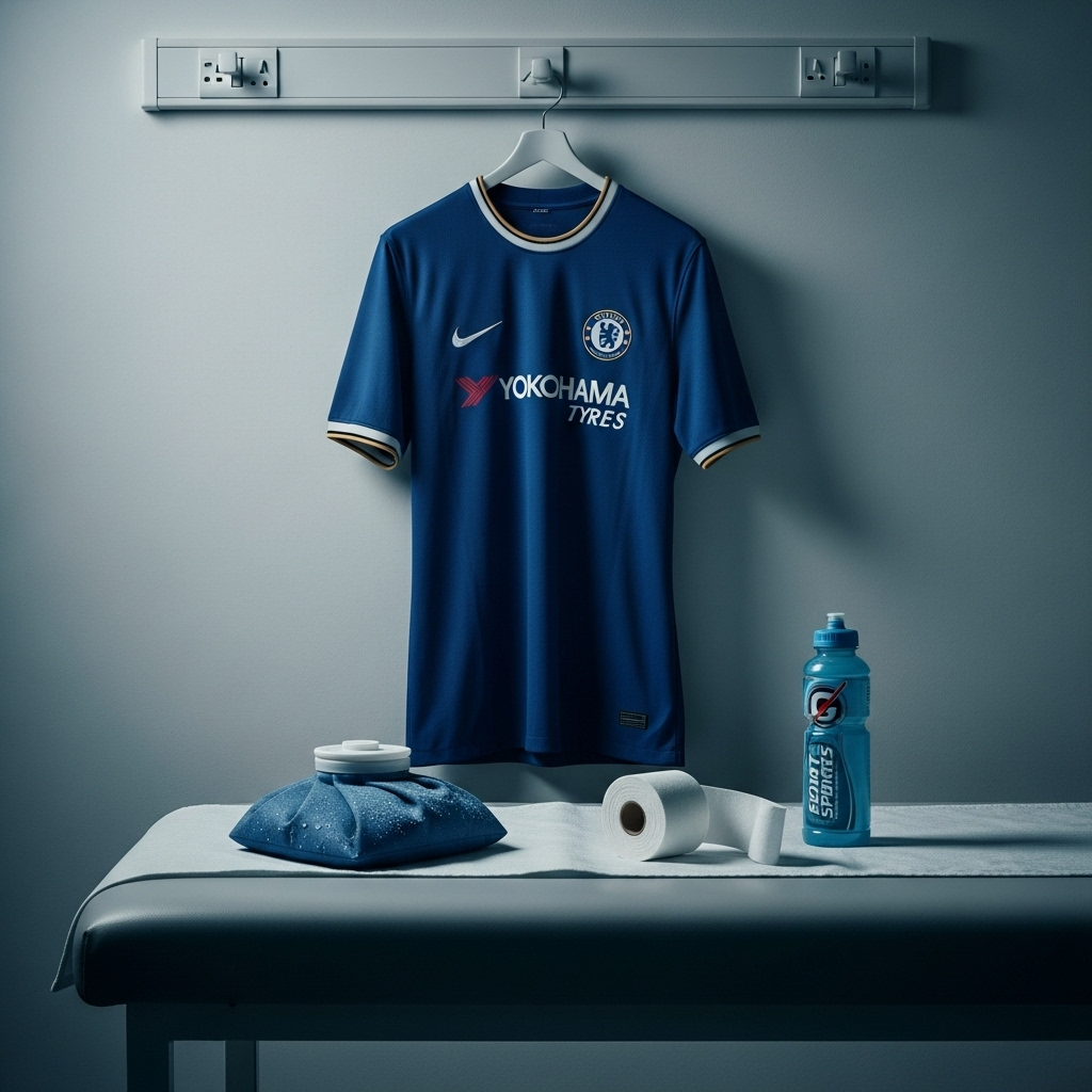 Cole Palmer i Chelsea-trøje med et alvorligt udtryk, symboliserende hans lyskeskade og fravær fra holdet.