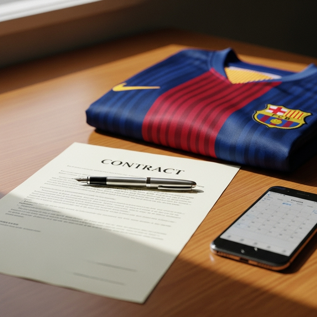 Frenkie de Jong i Barcelona-trøje smilende på Camp Nou, symboliserende hans kontraktforlængelse.