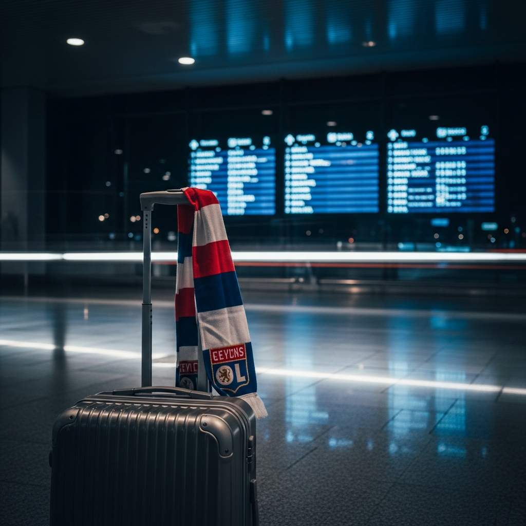 Portræt af fodboldspilleren Endrick i en Real Madrid-trøje, med et Lyon-logo i baggrunden, der symboliserer hans kommende lejeaftale.