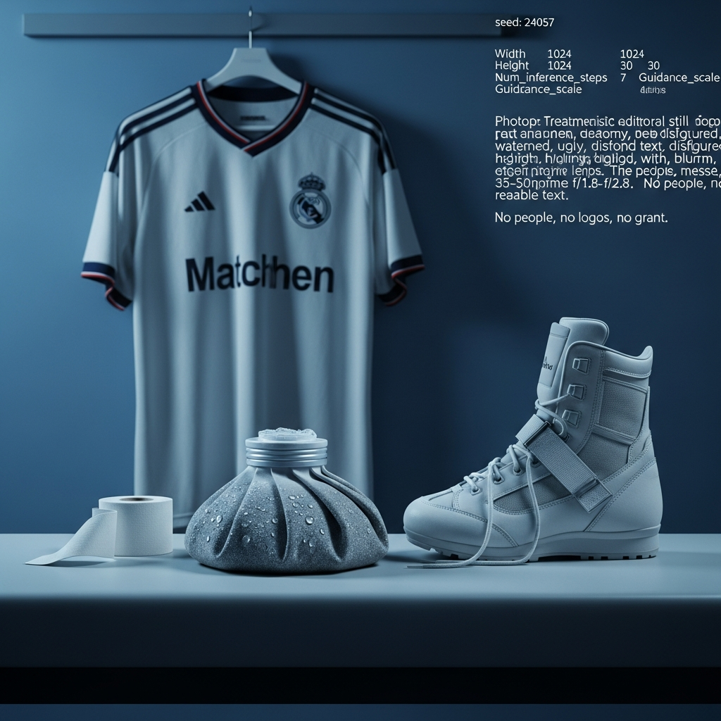 Fede Valverde med et bekymret ansigtsudtryk på fodboldbanen, symboliserende hans muskelskade og fravær fra Real Madrid og landsholdet.