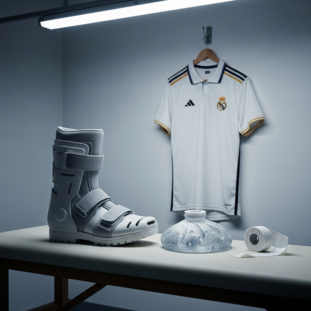 Thibaut Courtois i Real Madrid-trøje på fodboldbane med smertende udtryk eller holdende sig til lysken.